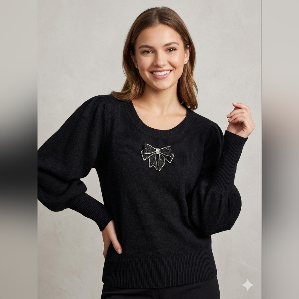 CeCe New Black Puff-Sleeve Sweater with Embellished Bow Womens Large Preppy